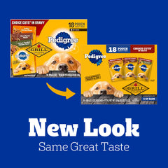 Pedigree sachets ouverts révélant pâtée en sauce appétente