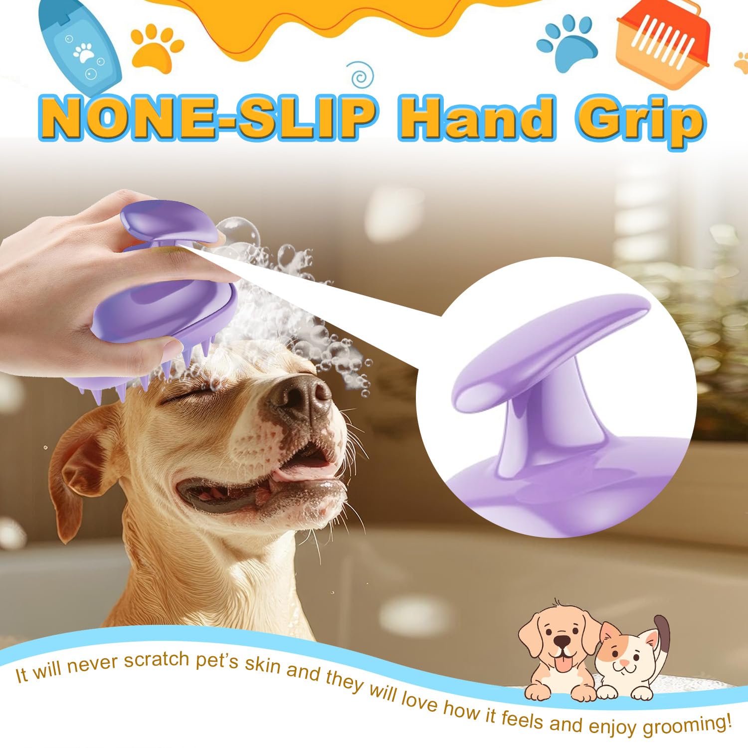 Peehss brosse utilisée sous la douche sur un chien pour un bain apaisant