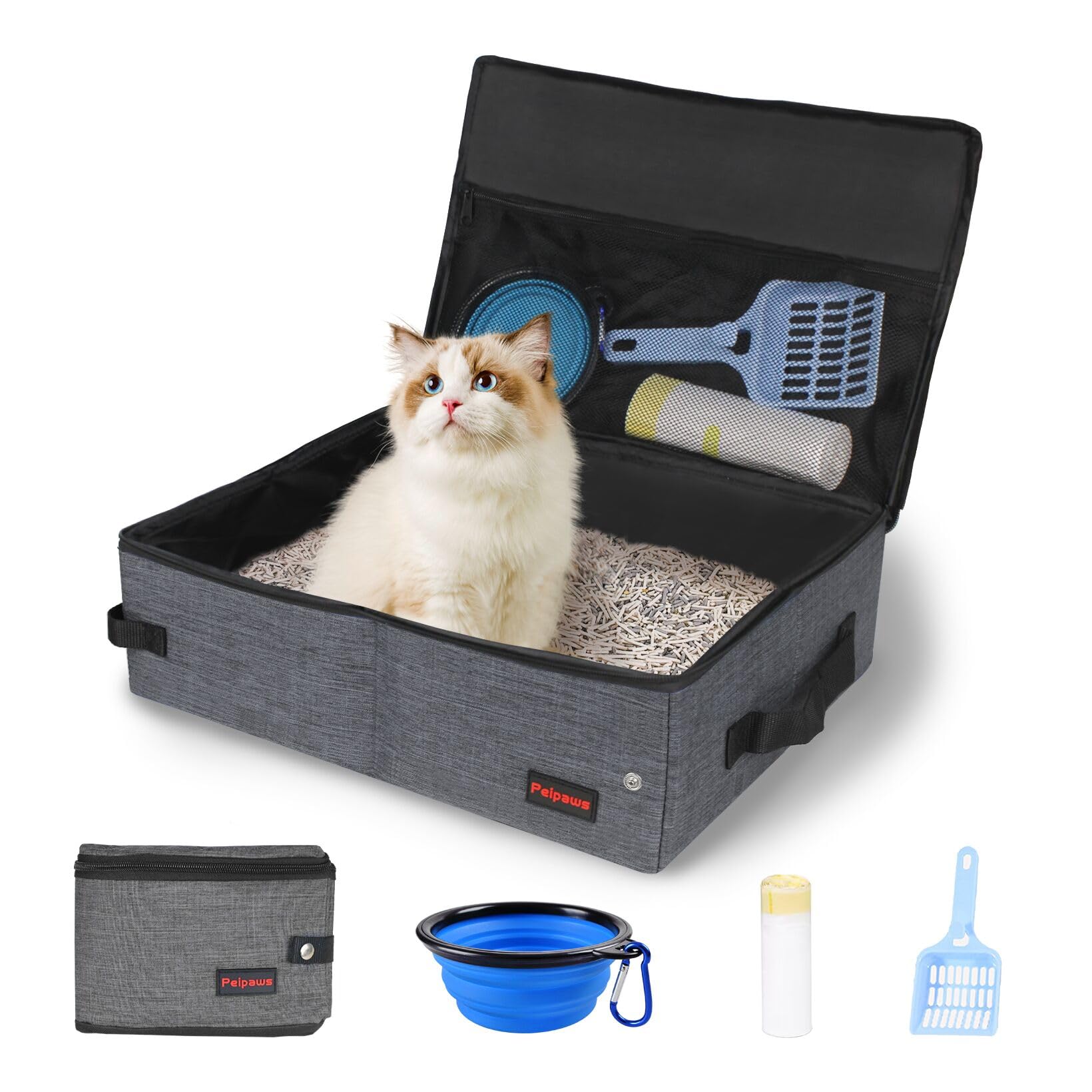 Peipaws vue avant du bac gris montrant la fermeture zippée et le design pratique