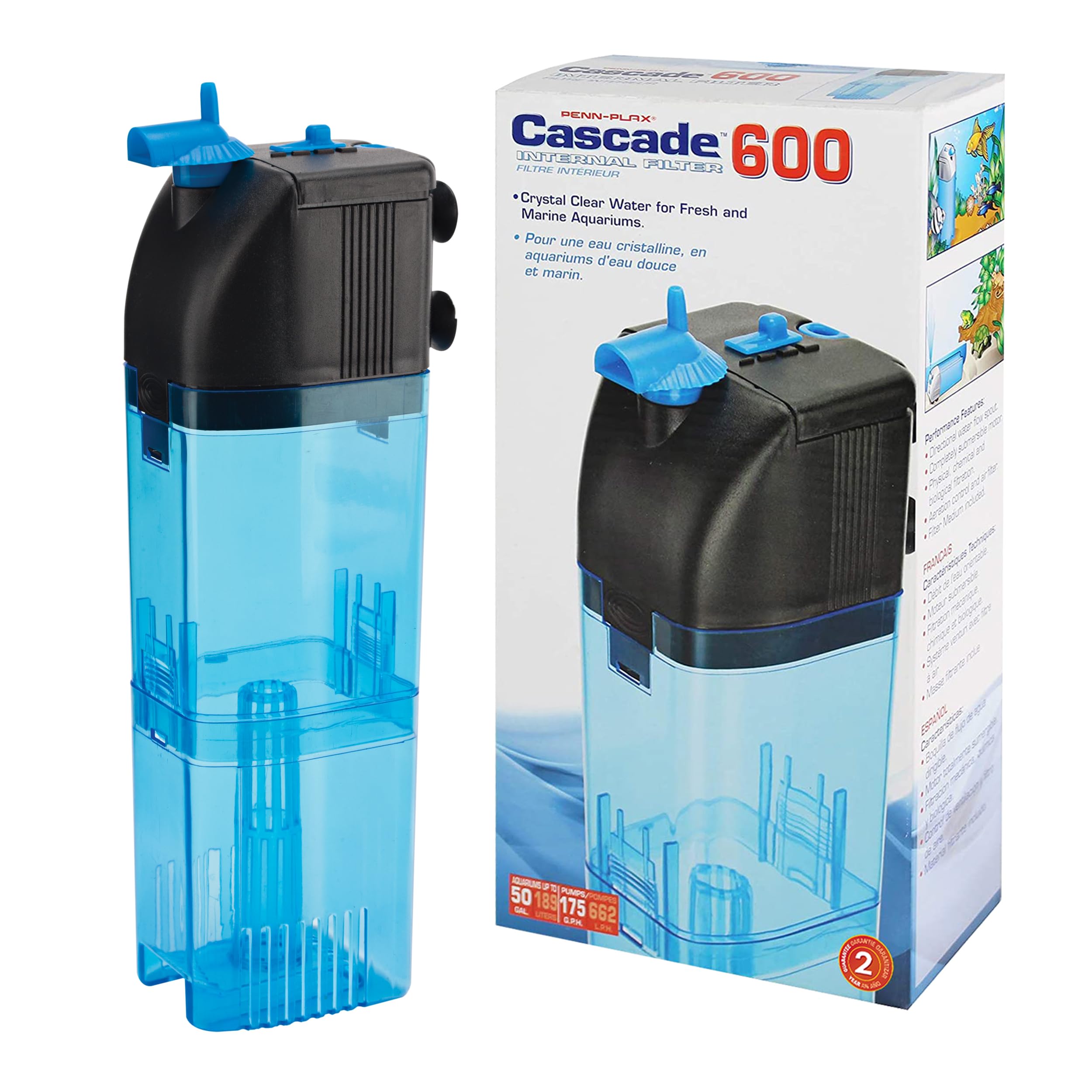 Penn-Plax vue avant du Cascade 600 montrant boîtier compact et débit réglable