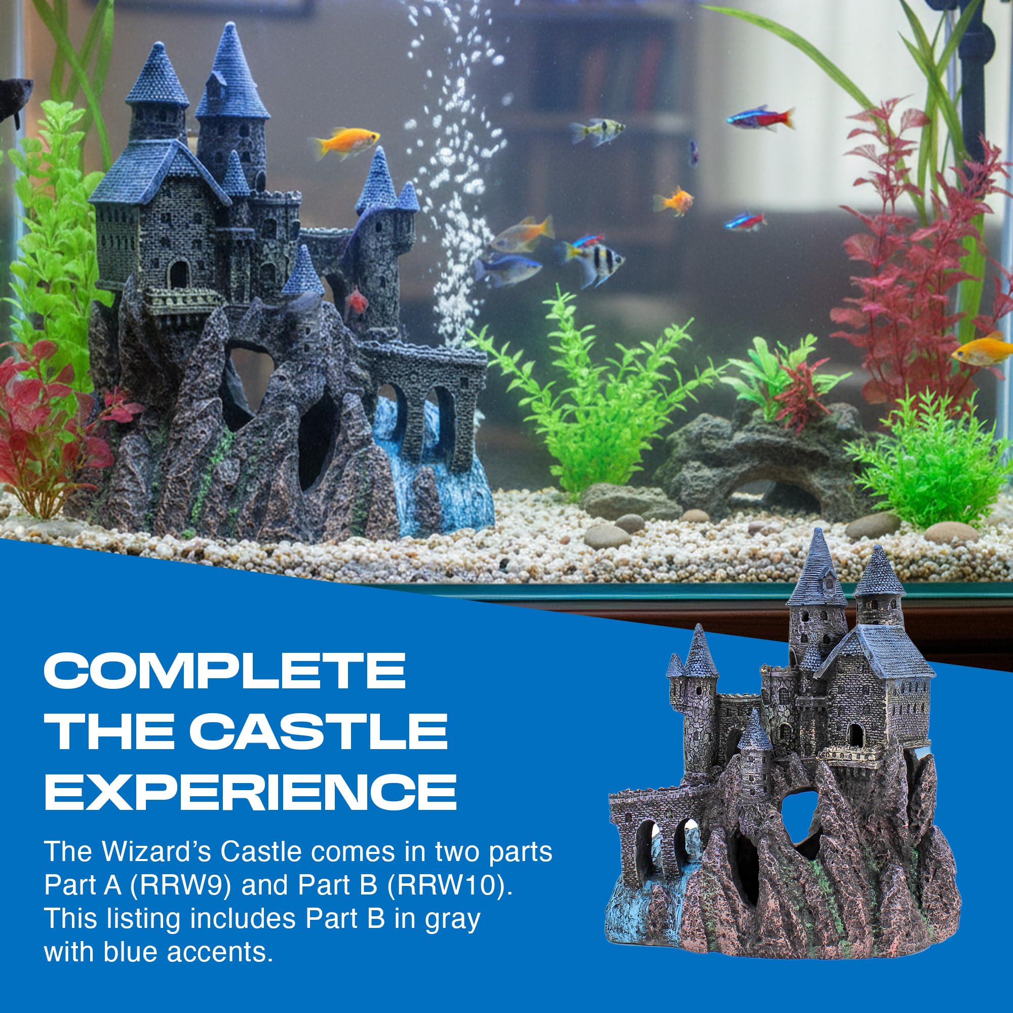 Penn-Plax château sorcier en bac avec poissons illustrant refuge et jeu