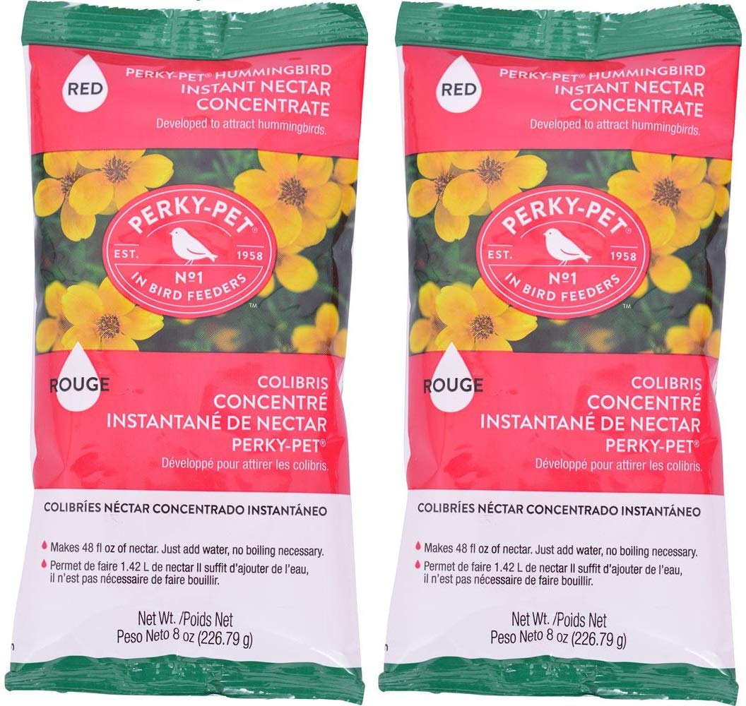 Perky-Pet emballage avant montrant sachet et simple préparation pour attirer colibris