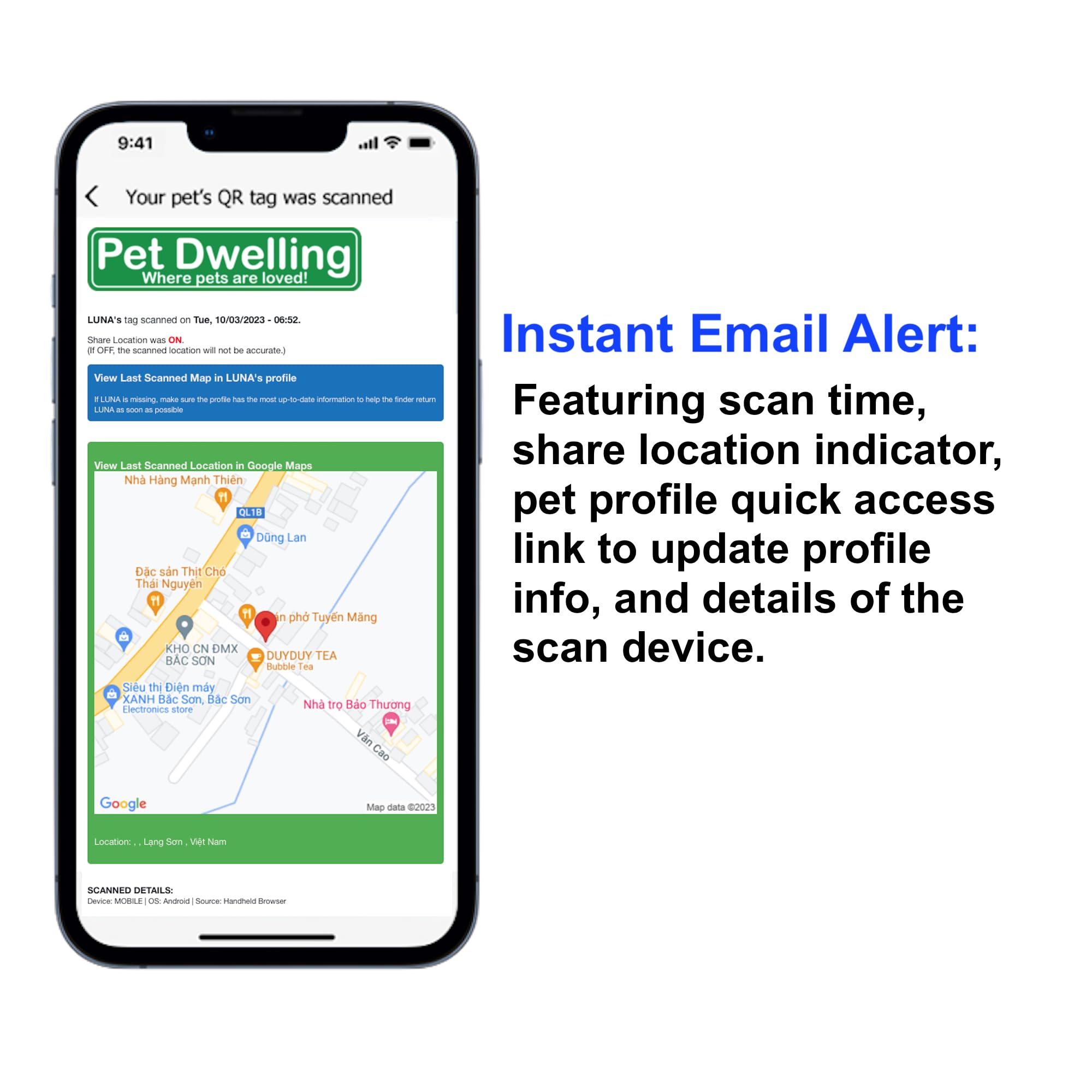 Pet Dwelling affichage du profil en ligne sur téléphone pour contact instantané