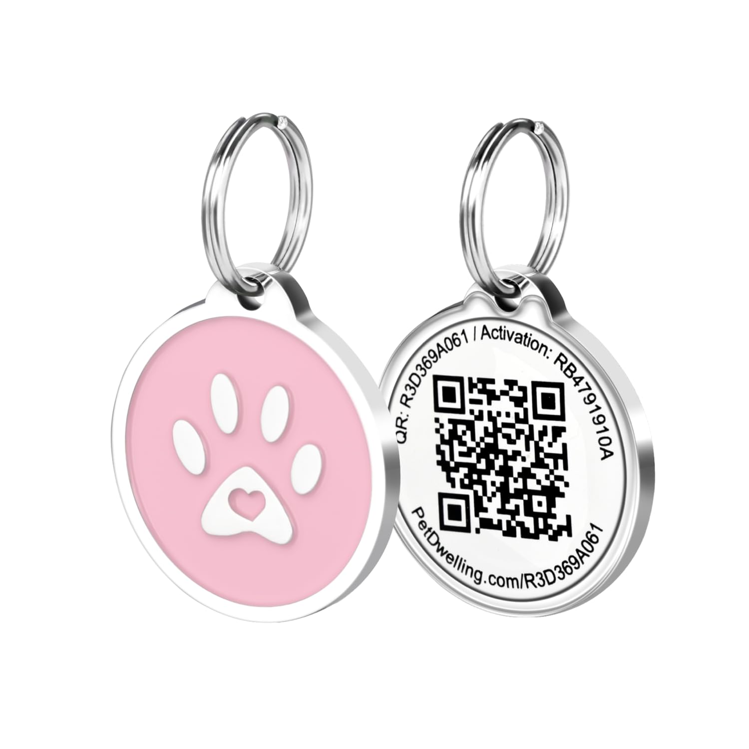 Pet Dwelling médaille QR avant rose montrant design et contact rapide