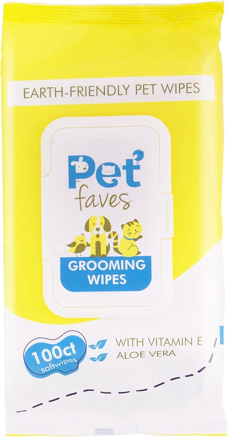 Pet Faves paquet avant montrant 100 lingettes, pratique et économique