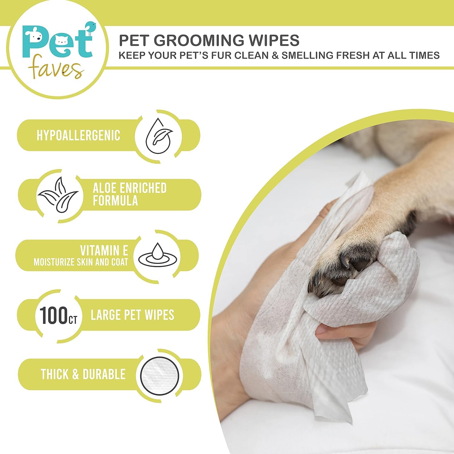 Pet Faves gros plan texture viscose résistante, nettoyage efficace sans déchirure