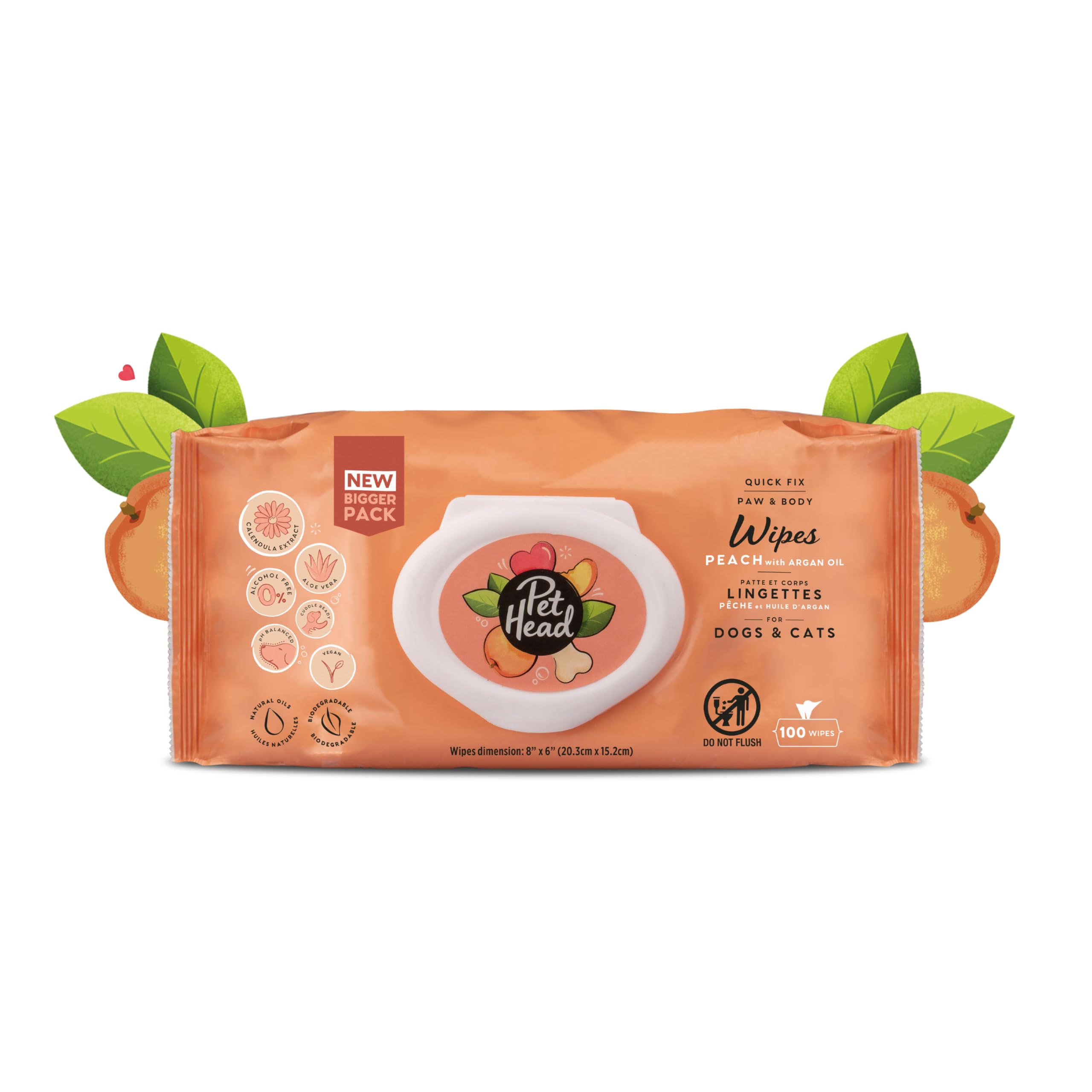 Pet Head emballage avant montrant paquet de 100 lingettes et praticité
