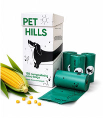 Pet Hills boîte 120 sacs compostables montrant emballage pratique et gain de place