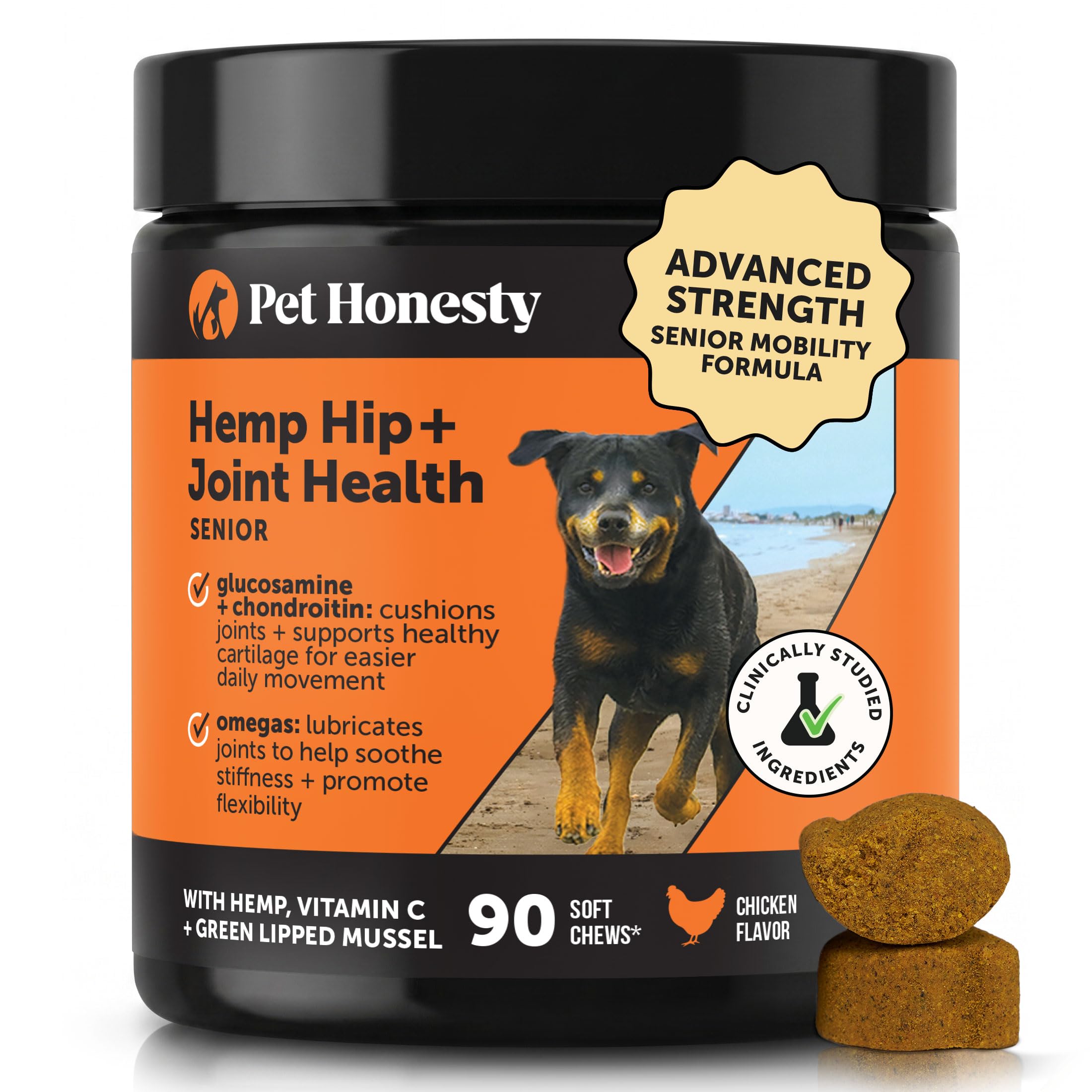 Pet Honesty boîte devant montrant 90 pastilles pour mobilité améliorée