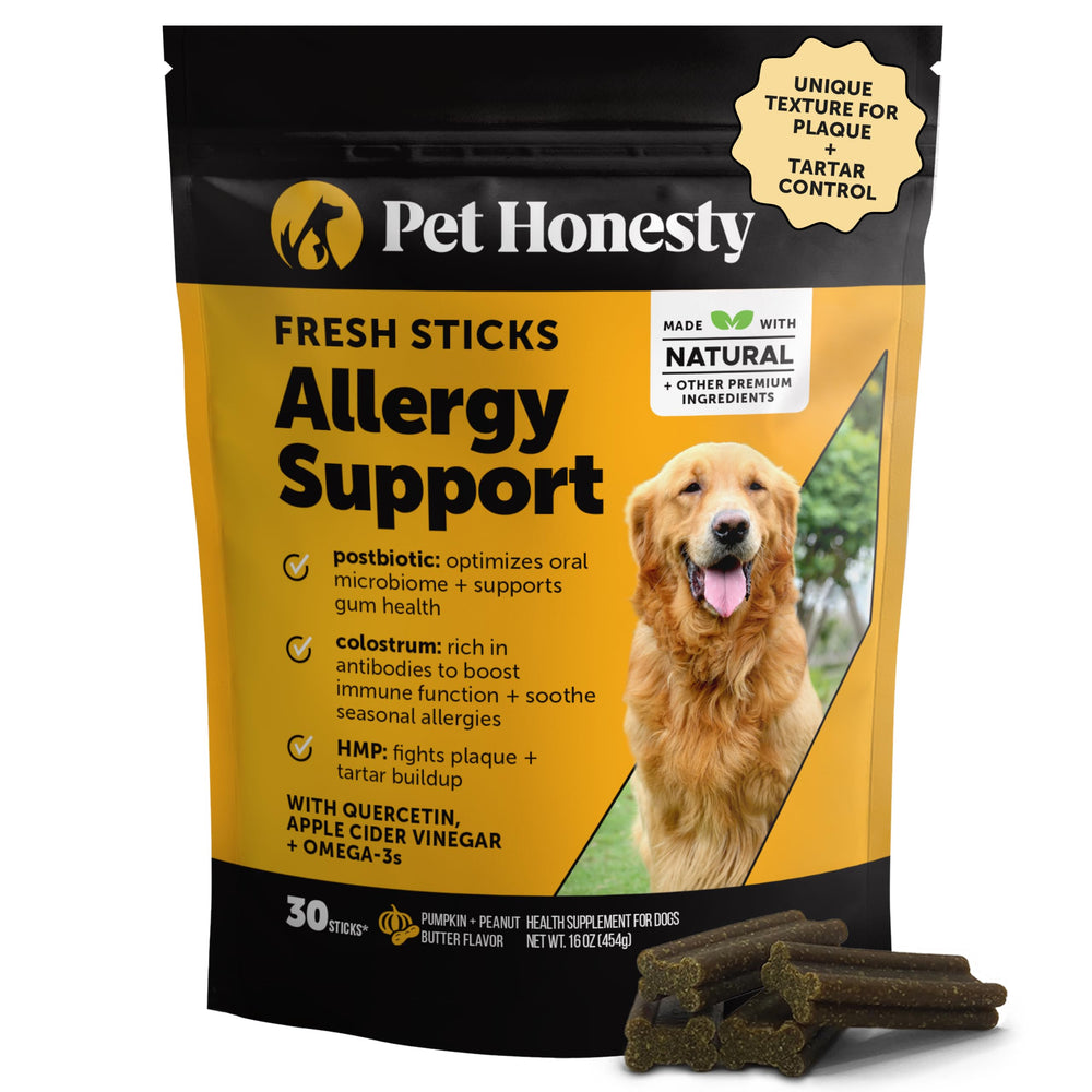 Pet Honesty emballage avant montrant 30 bâtonnets et bénéfice hygiène