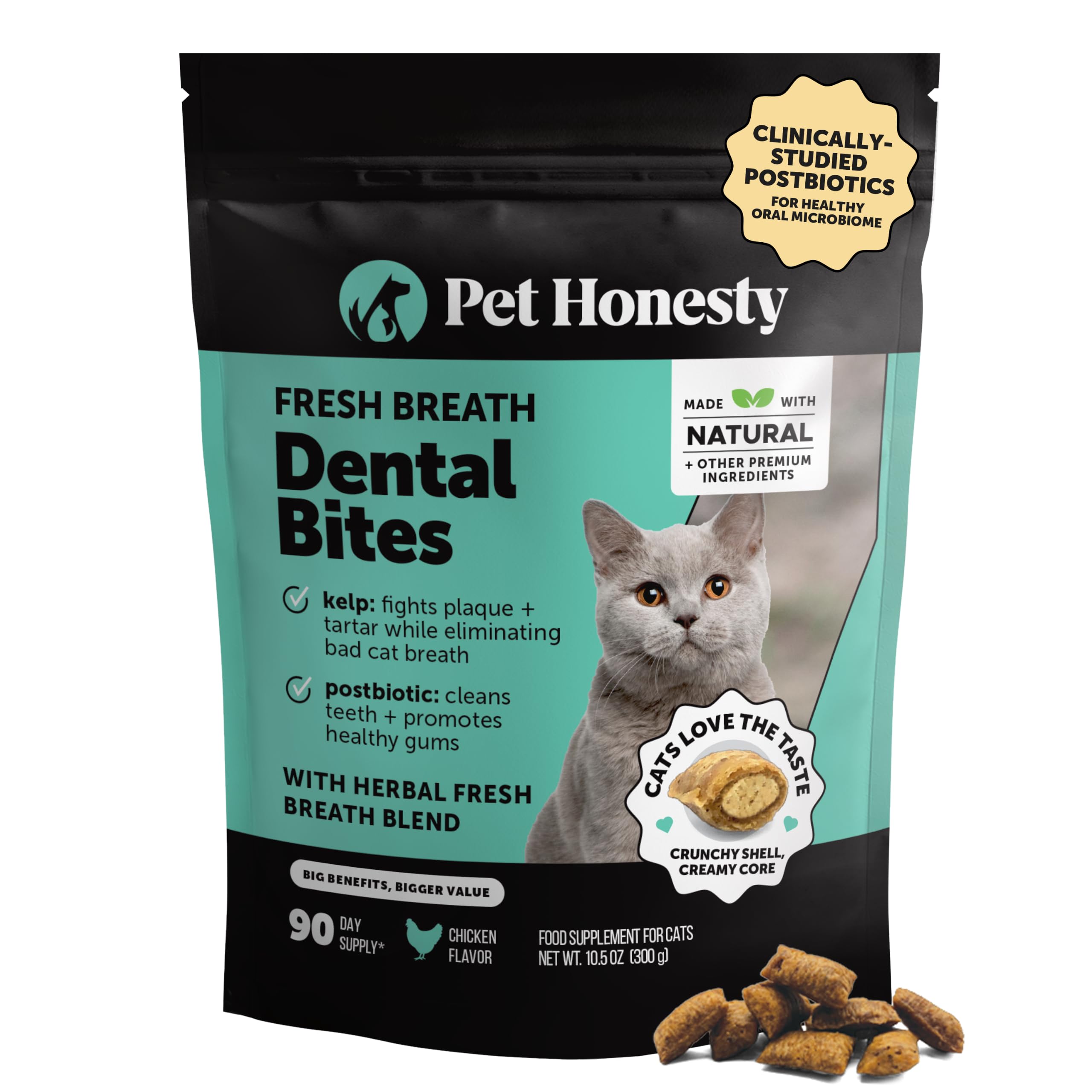 Pet Honesty emballage avant montrant format 90 jours et bénéfice haleine fraîche