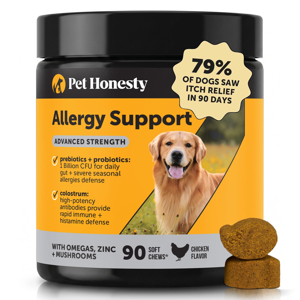 Pet Honesty emballage avant montrant 90 comprimés et bénéfice confort