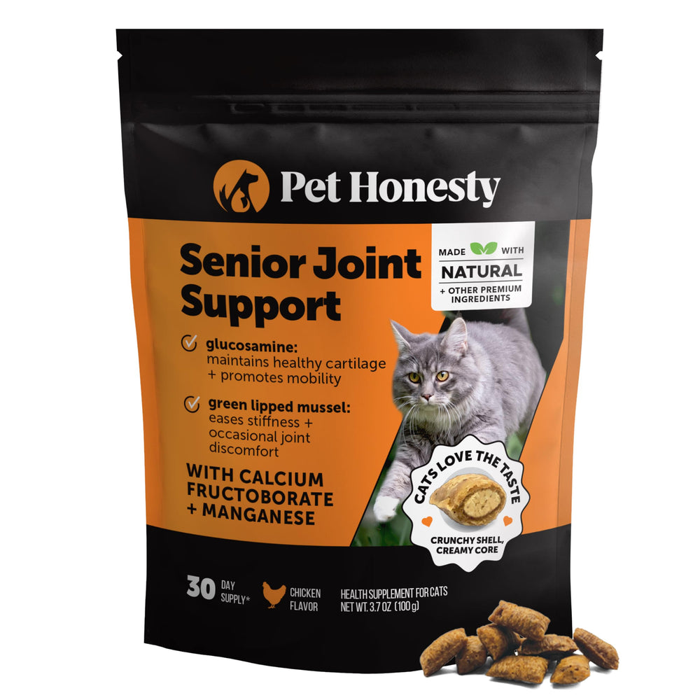 Pet Honesty emballage avant pour compléments articulaires chats seniors, rassure qualité