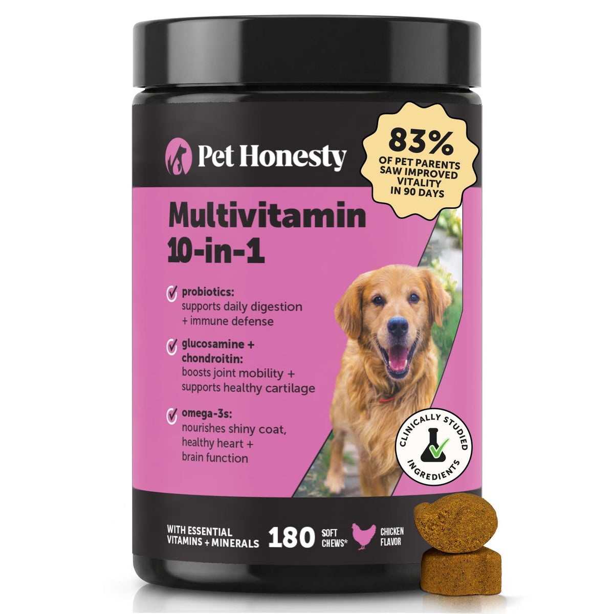 Pet Honesty pot avant avec étiquette lisible et bénéfice confort quotidien