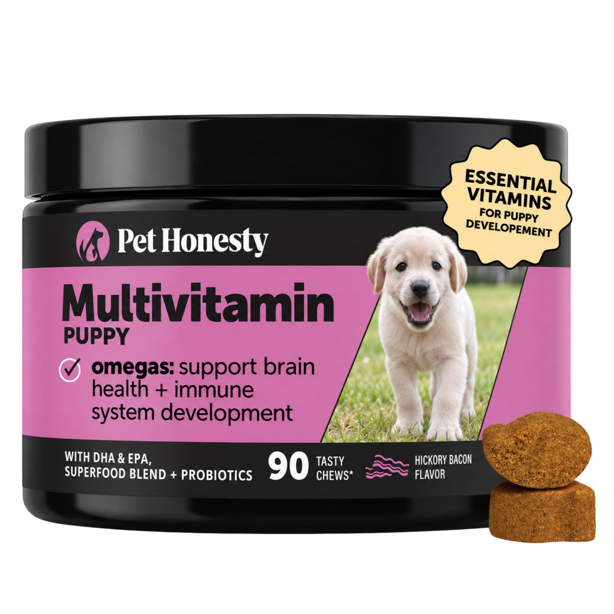 Pet Honesty packaging avant montrant le pot et l’étiquetage de qualité