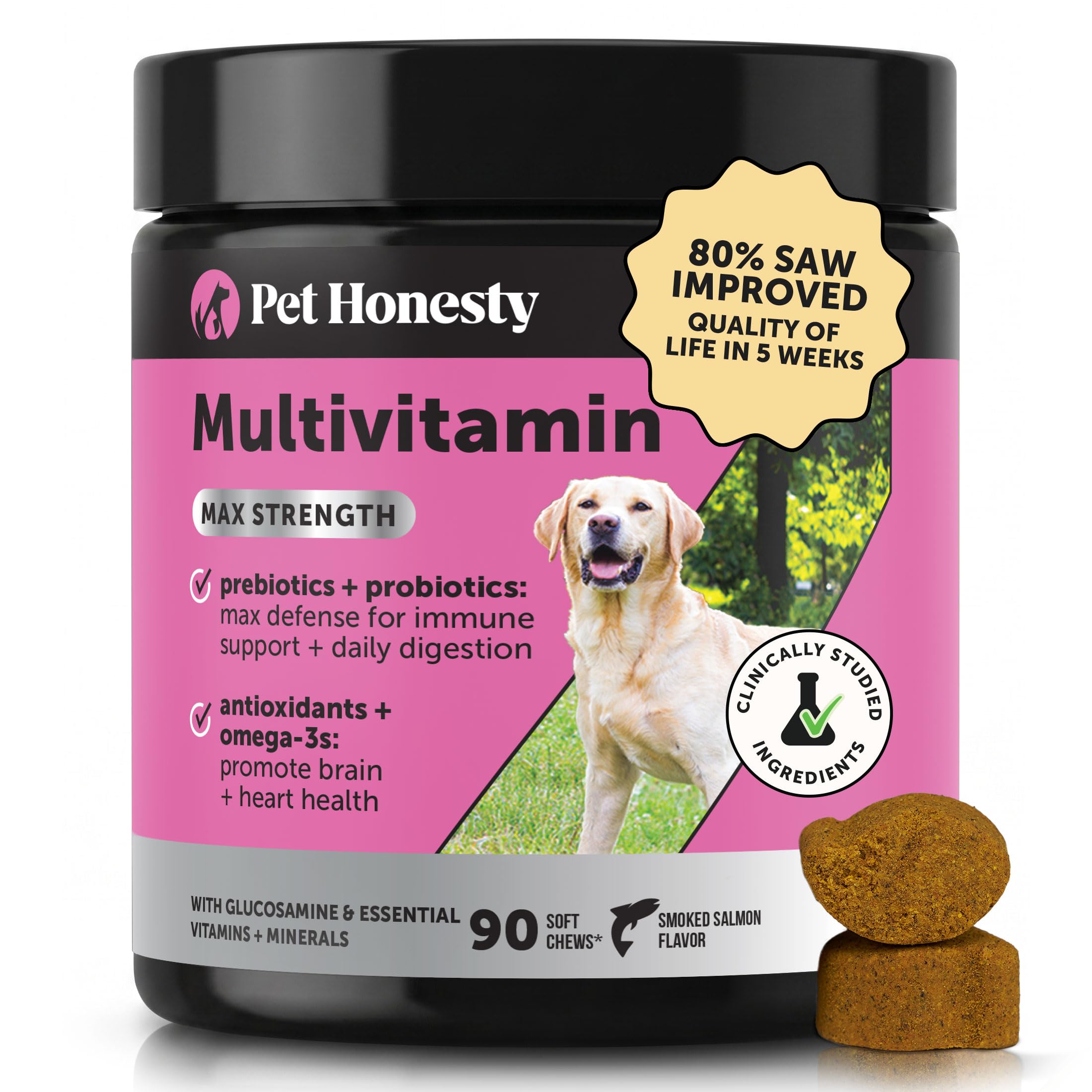Pet Honesty pot 90 saumon vue de face montrant emballage et dosage