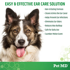 Pet MD gros plan sur solution et texture, démontrant formule douce à l'aloé vera