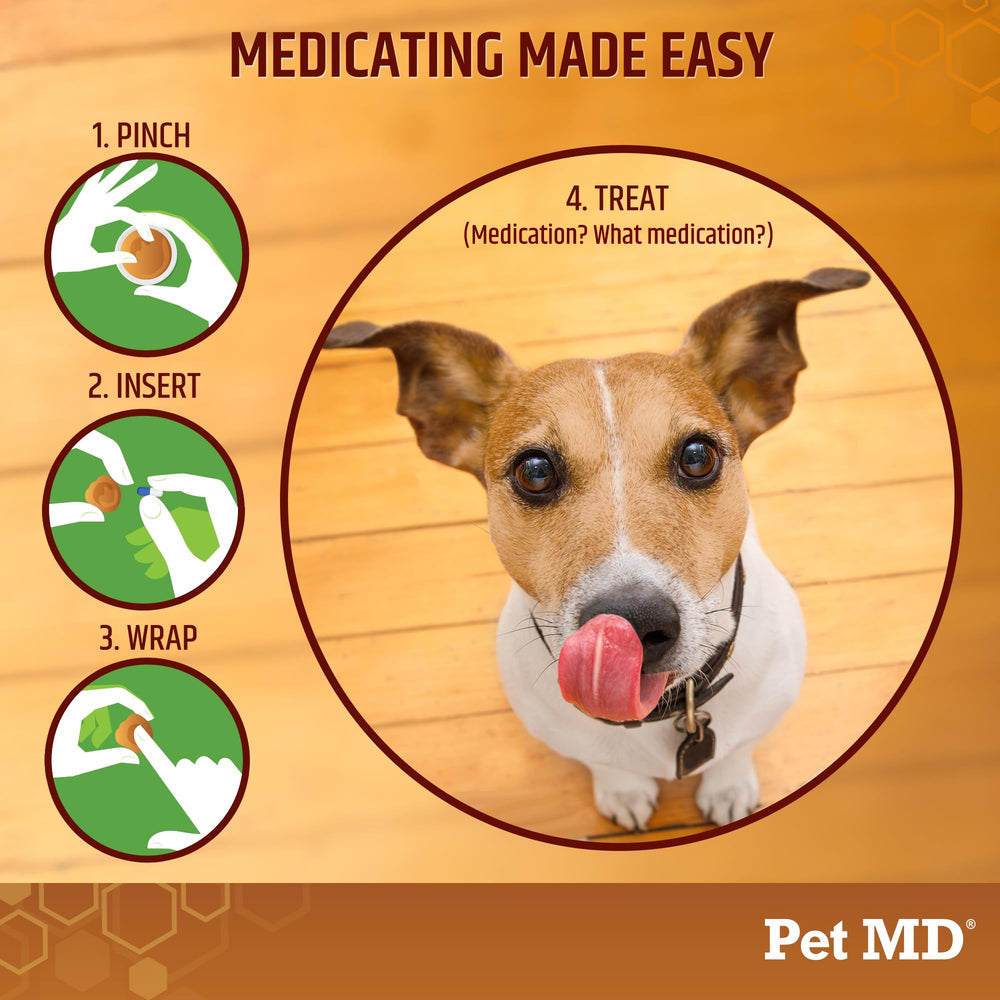 Mise en scène d'un comprimé enveloppé par Pet MD pour ingestion facile du chien