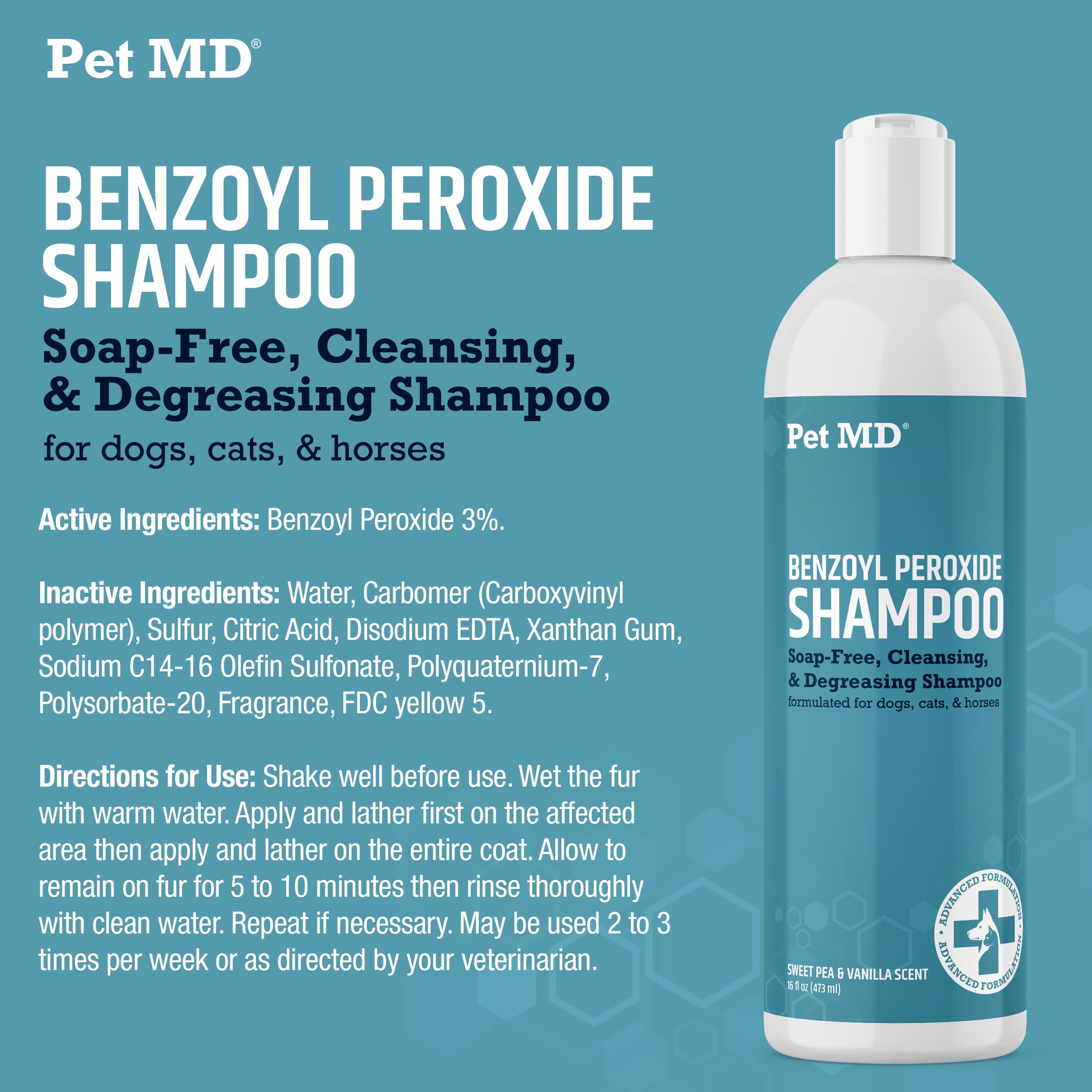 Pet MD étiquette détaillée montrant ingrédients et fabrication aux USA