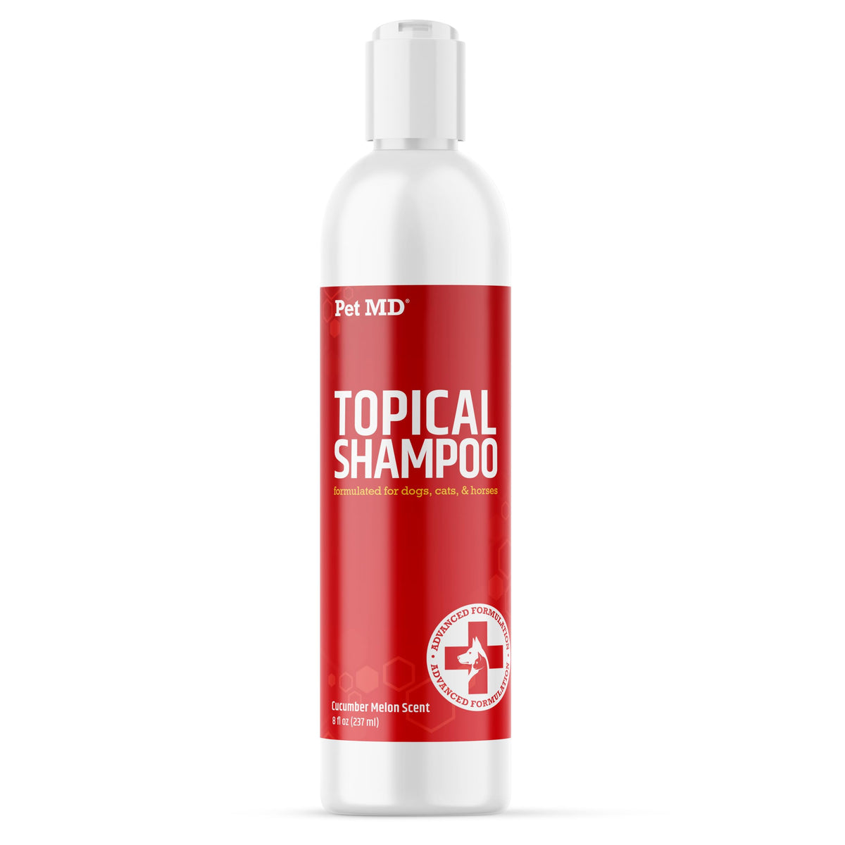 Pet MD flacon de shampooing topique vu de face montrant l'étiquette et le format 8 oz, pour un nettoyage ciblé