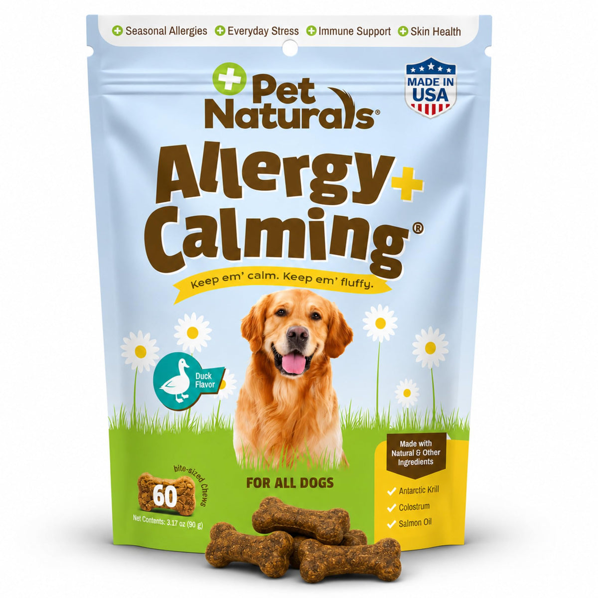 Pet Naturals boîte avant montrant les friandises, renforce la confiance produit