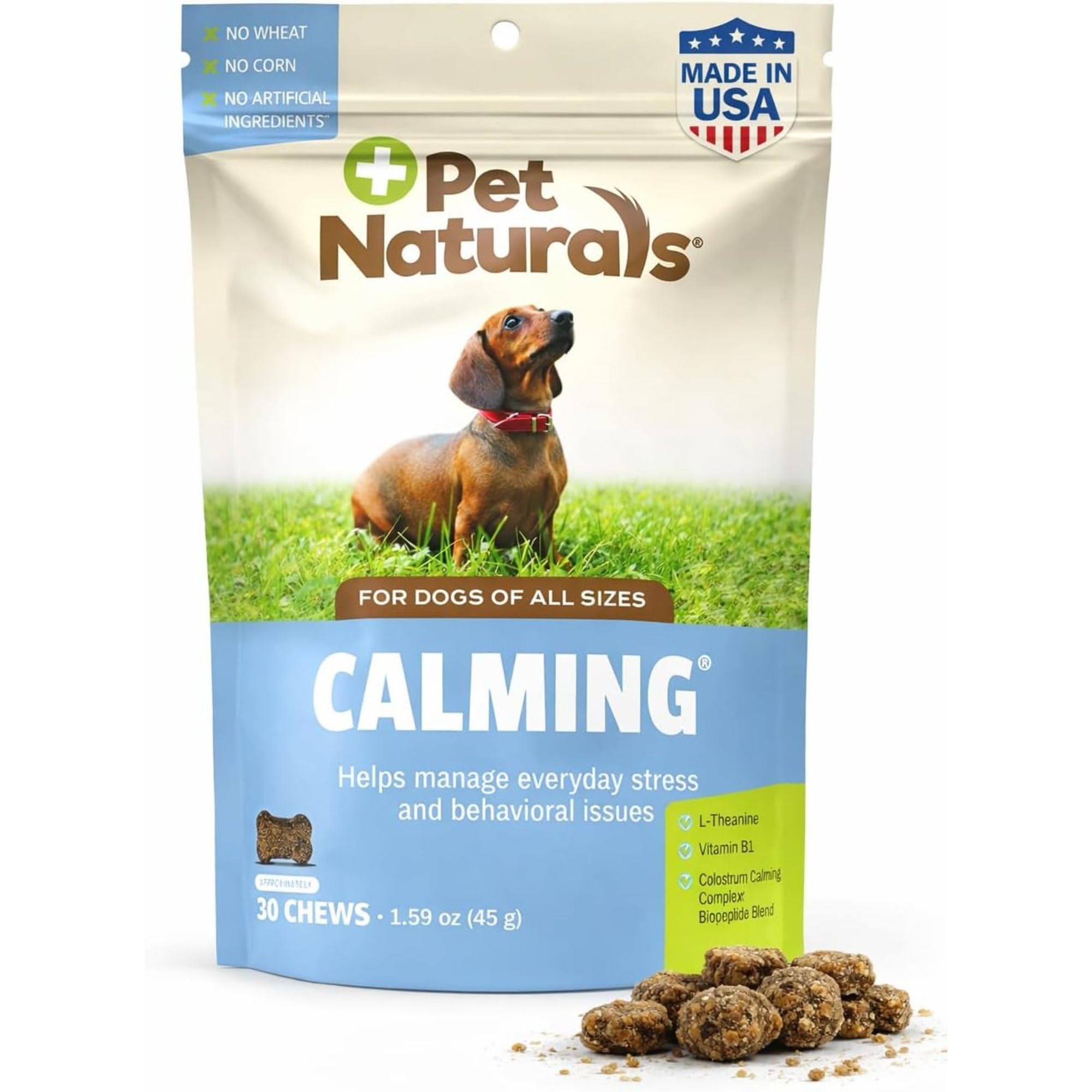 Pet Naturals boîte avant montrant les Calming Chews et bénéfice apaisant
