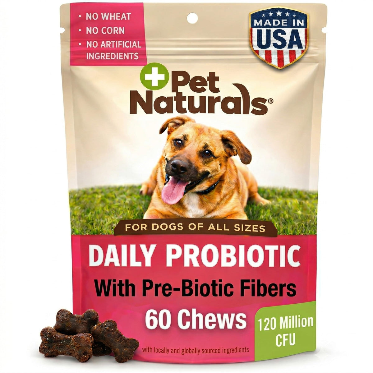 Pet Naturals emballage avant montrant le pot et bénéfice digestion