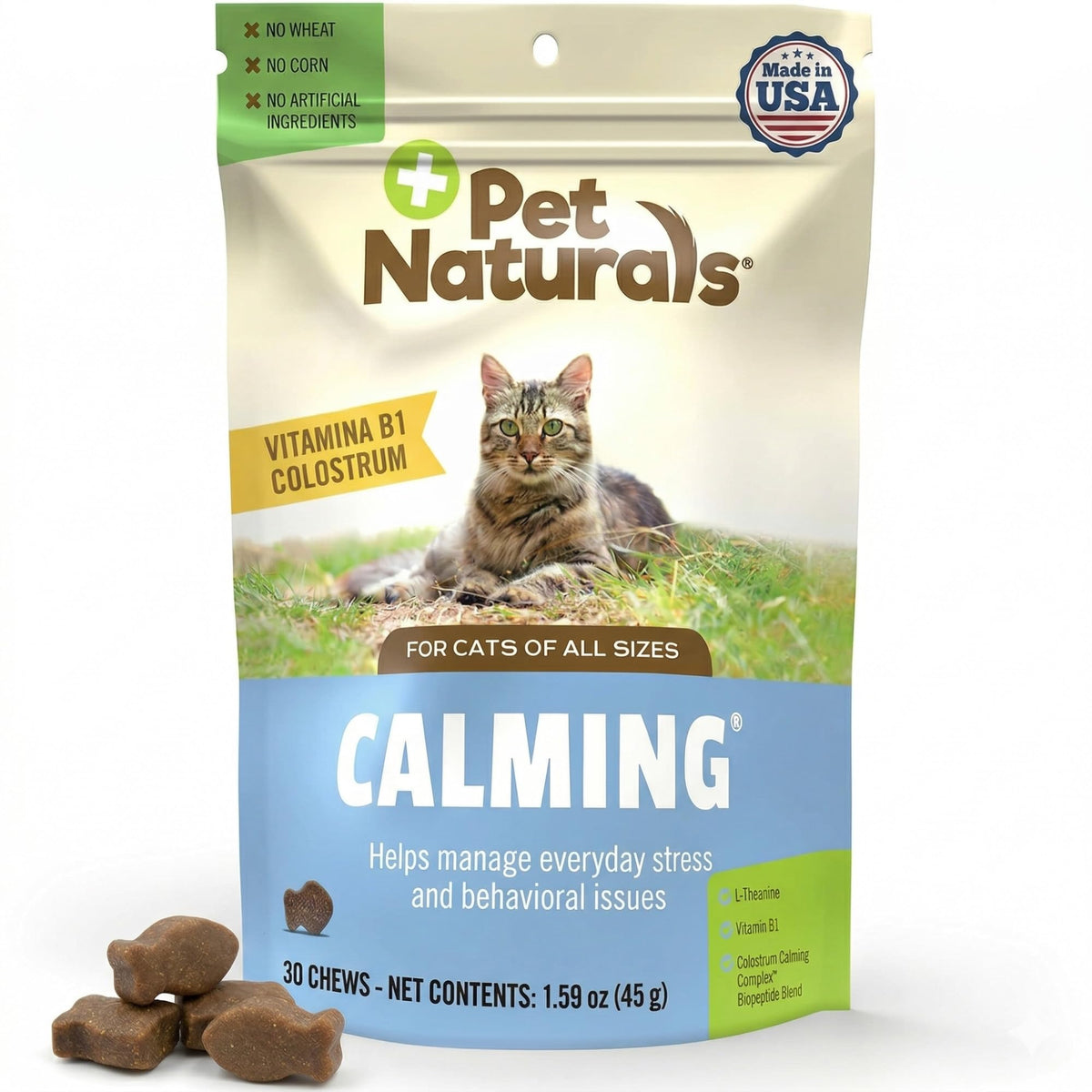 Pet Naturals emballage avant montrant pot et bénéfice relaxant