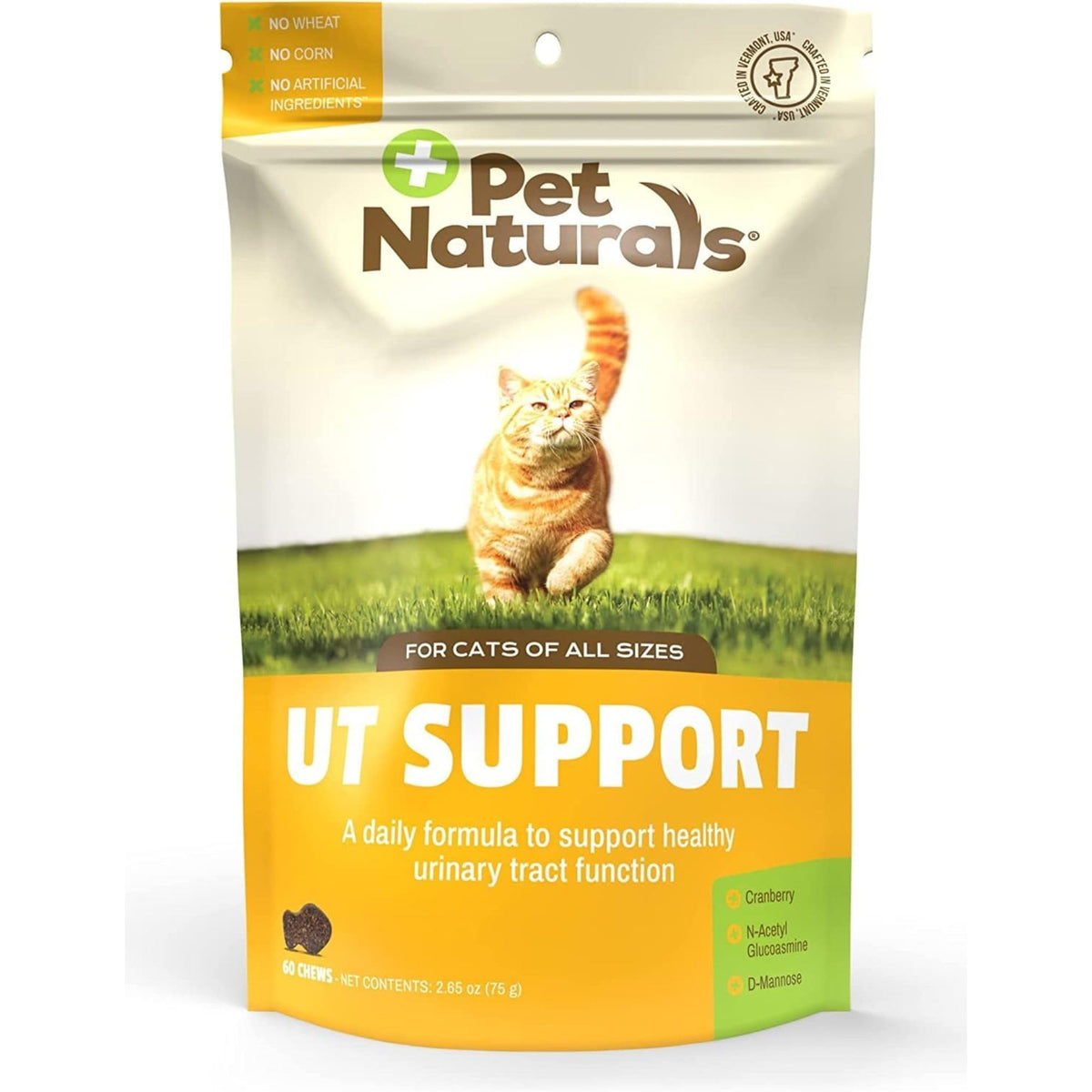Pet Naturals emballage avant montrant le produit et bénéfice soutien urinaire