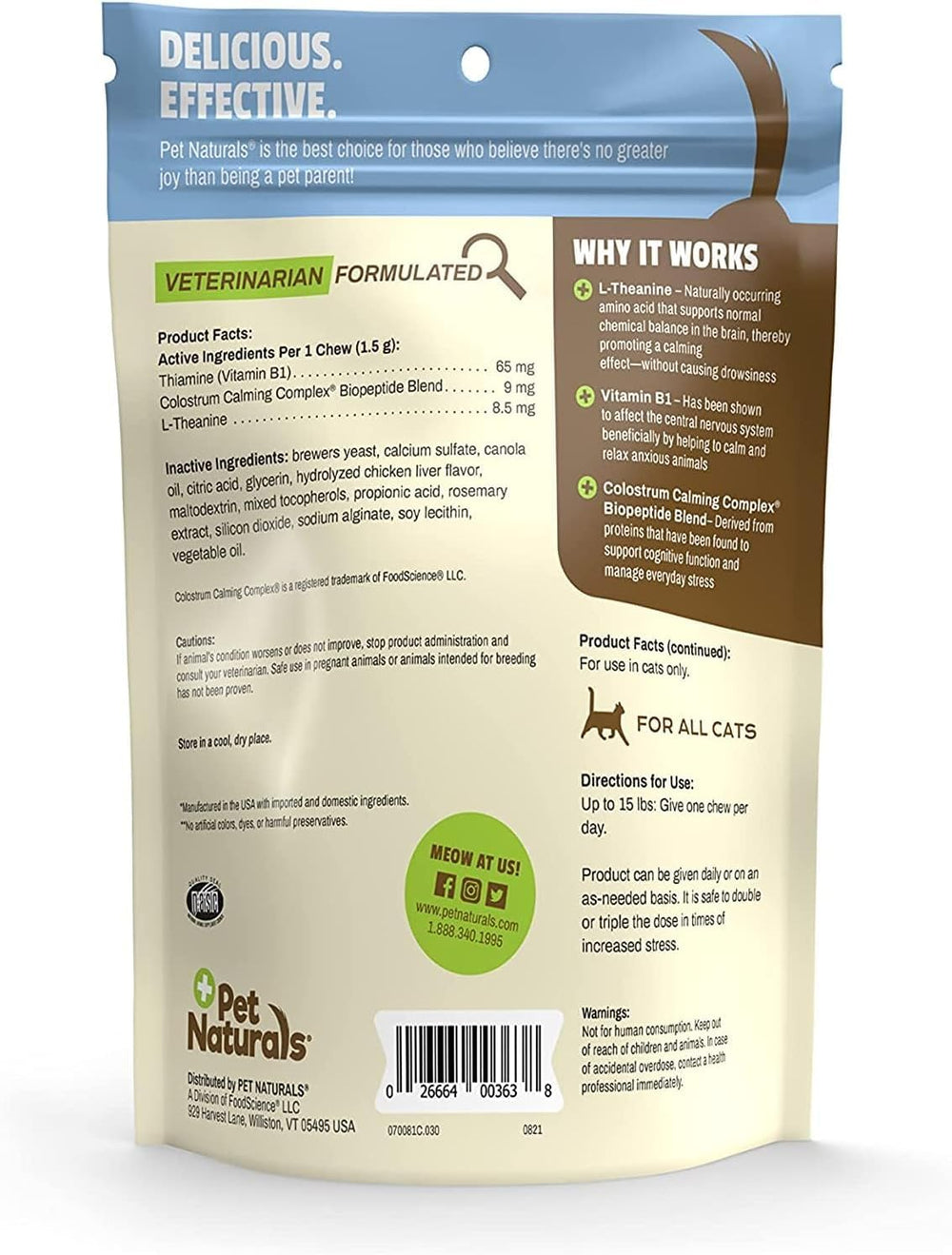 Pet Naturals chat relaxé sur les genoux après prise, confort accru
