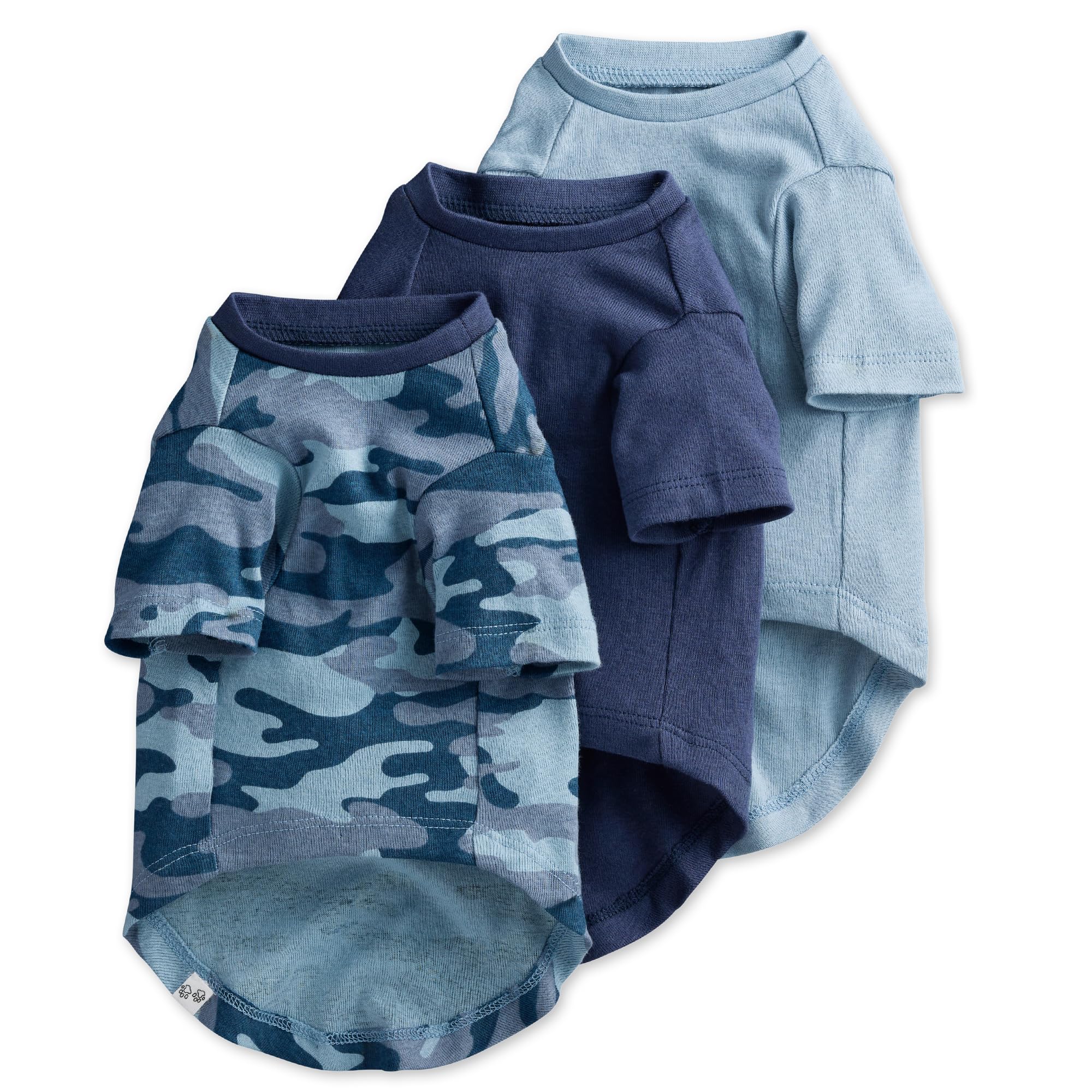 Pet Passion t-shirt plié navy camo montrant design et pack, confortable pour promenades