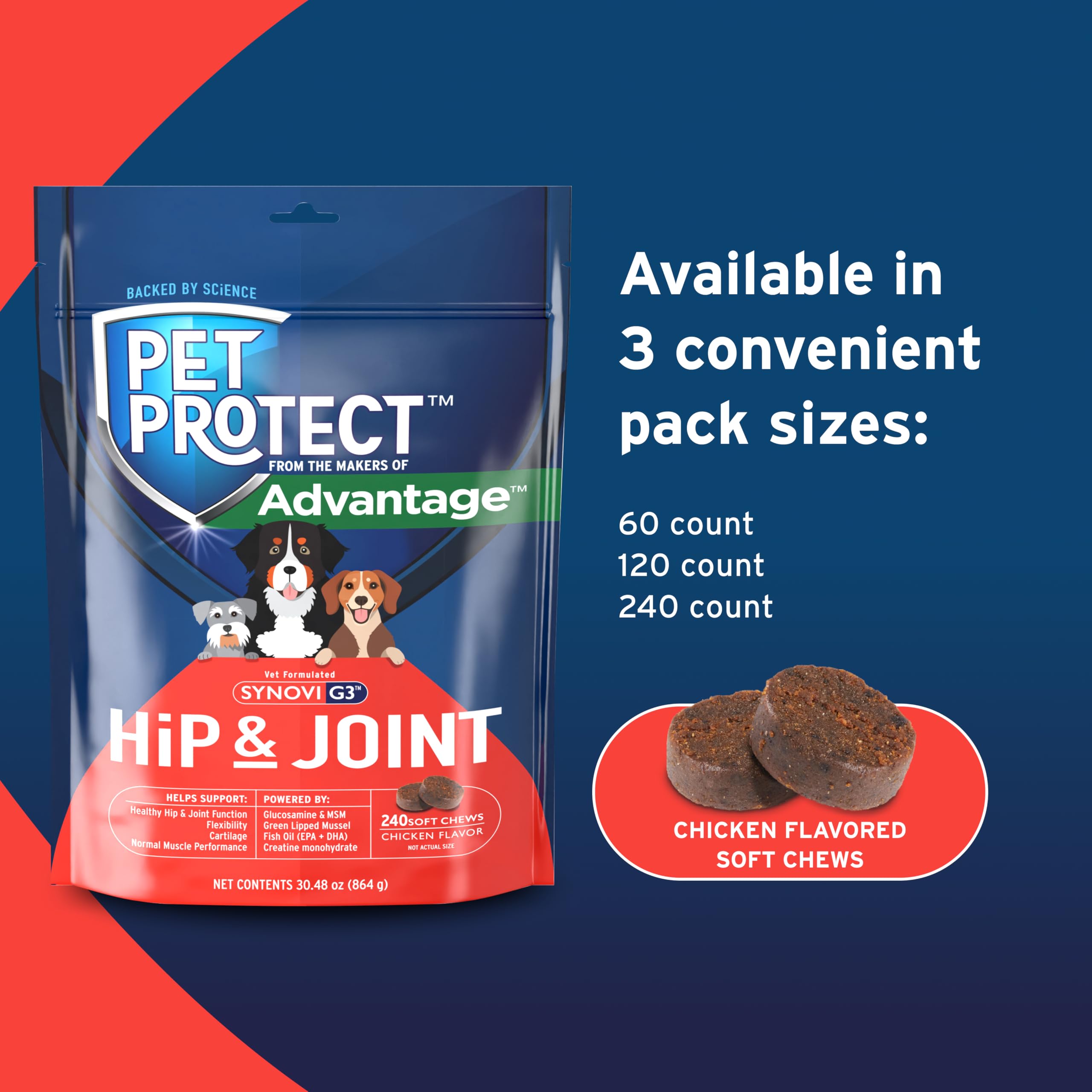 Pet Protect étiquette ingrédients mettant en valeur formule Synovi G3