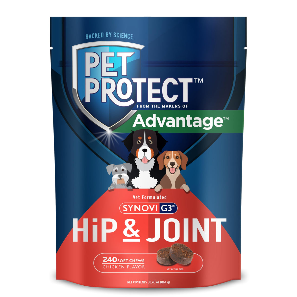 Pet Protect emballage avant affichant 240 bouchées, rassure sur la quantité