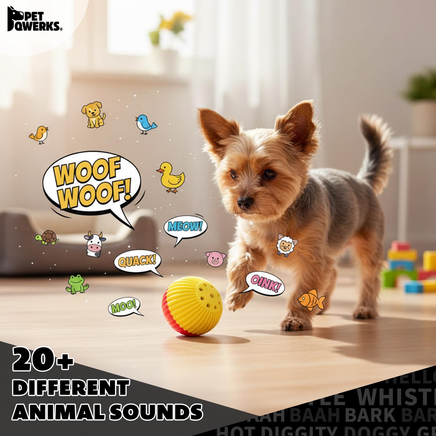 Pet Qwerks Babble Ball en action émettant sons d’animaux pour stimulation