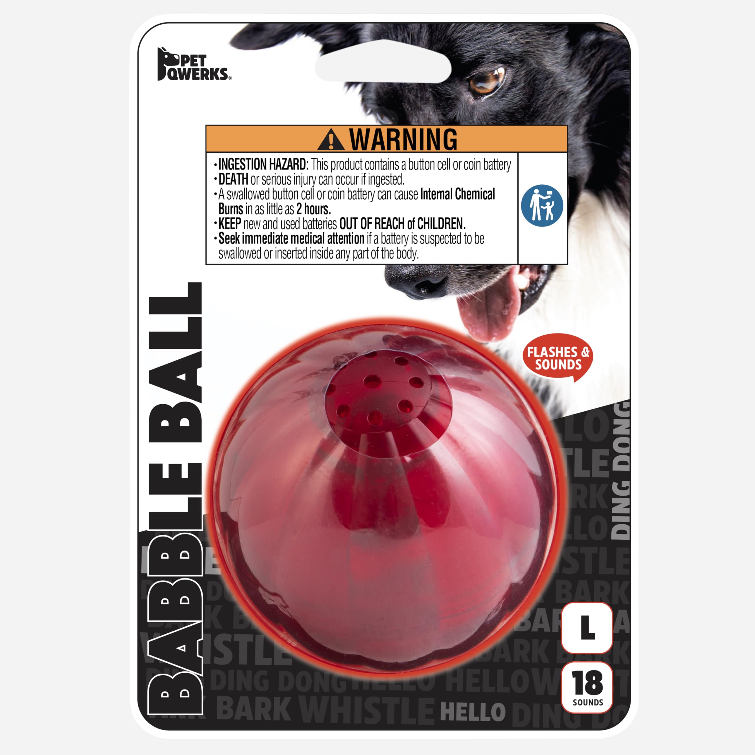 Pet Qwerks Blinky Babble Ball emballage et étiquette info caractéristiques claires