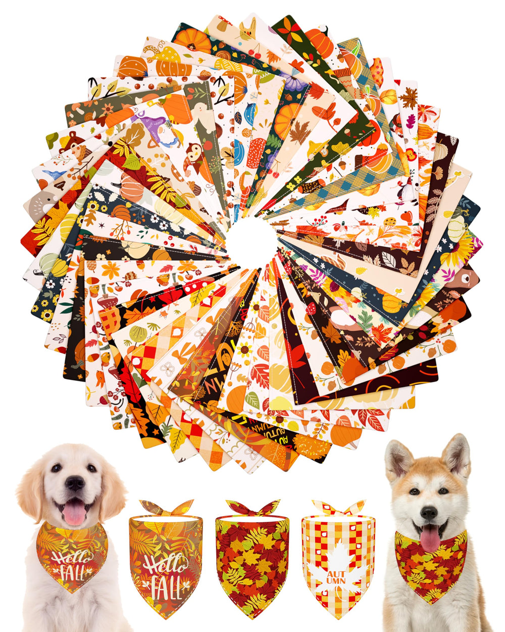 PET SHOW face du paquet montrant 50 bandanas et variété automnale