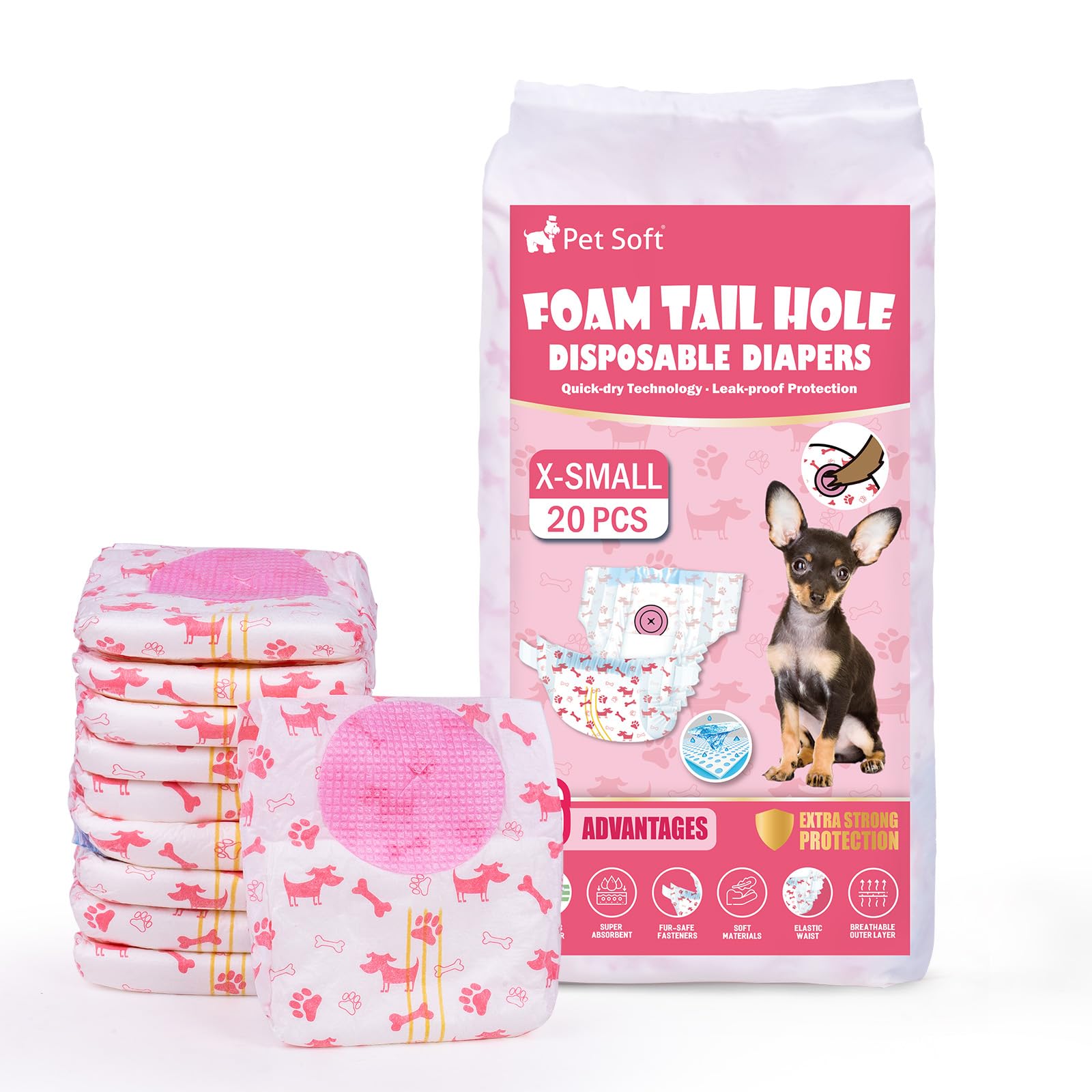 Pet Soft vue avant de l'emballage montrant design et quantité, pratique