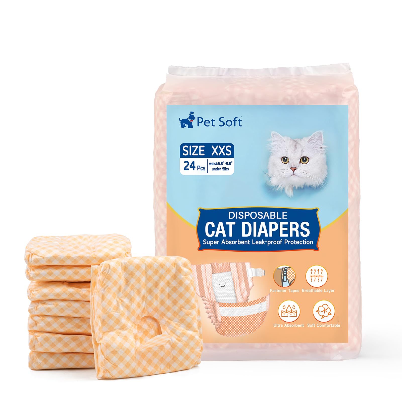 Pet Soft vue avant du paquet montrant 24 couches jetables et bénéfice praticité