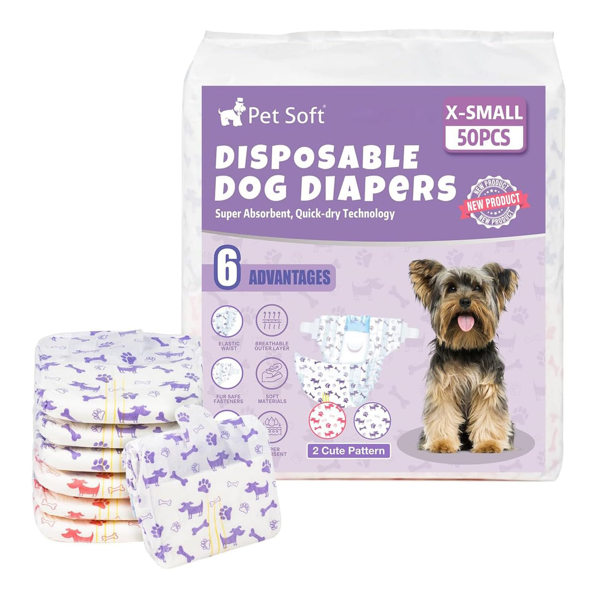 Pet Soft packaging 50 pièces montrant quantité et motifs, protection pratique
