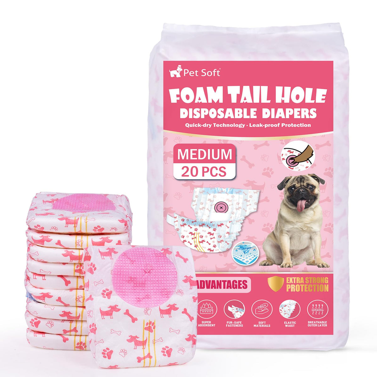 Pet Soft emballage recto montrant 20 couches et motifs pratiques pour rangement facile
