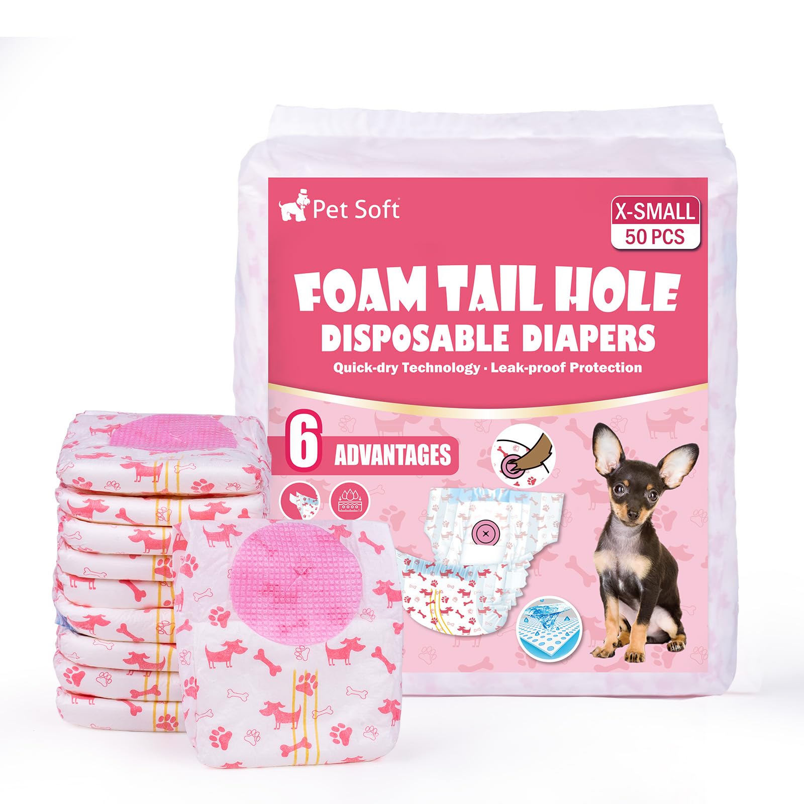 Pet Soft emballage avant rouge montrant 50 couches et facilité d'utilisation