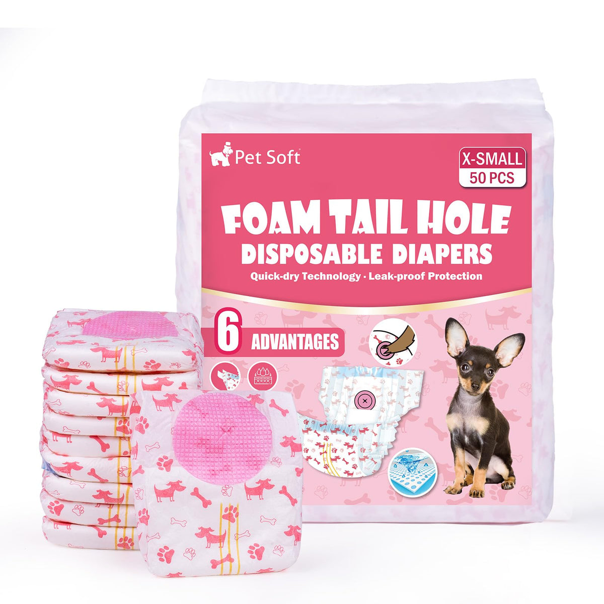 Pet Soft emballage avant rouge montrant 50 couches et facilité d'utilisation