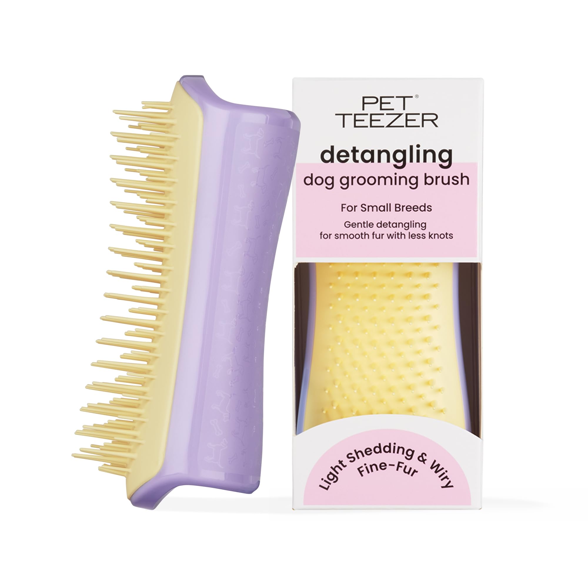 Pet Teezer vue avant lilas et jaune, brosse ergonomique confortable