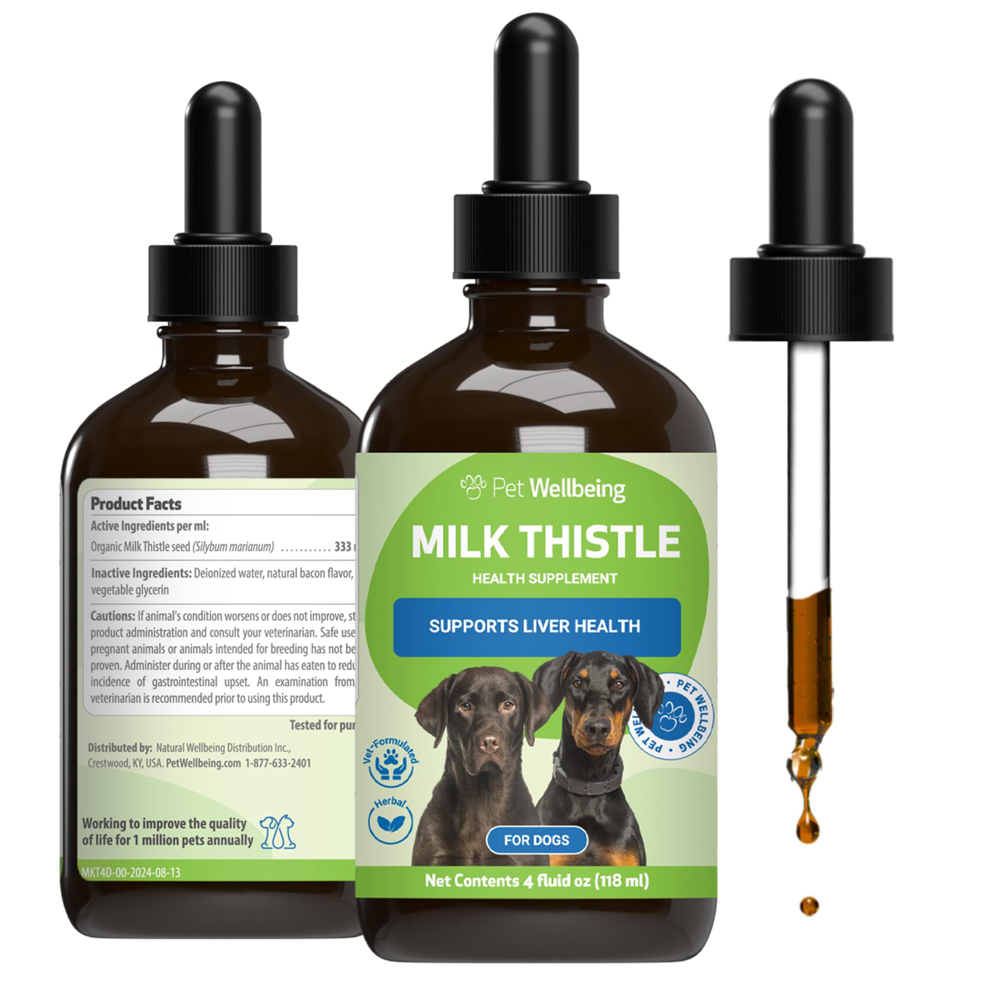 Pet Wellbeing flacon avant montrant l'étiquette et bénéfice soutien hépatique