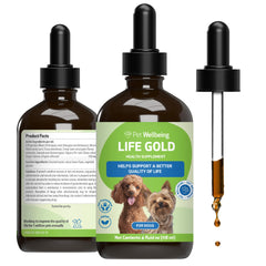Pet Wellbeing flacon Life Gold devant montrant design et dosage facile