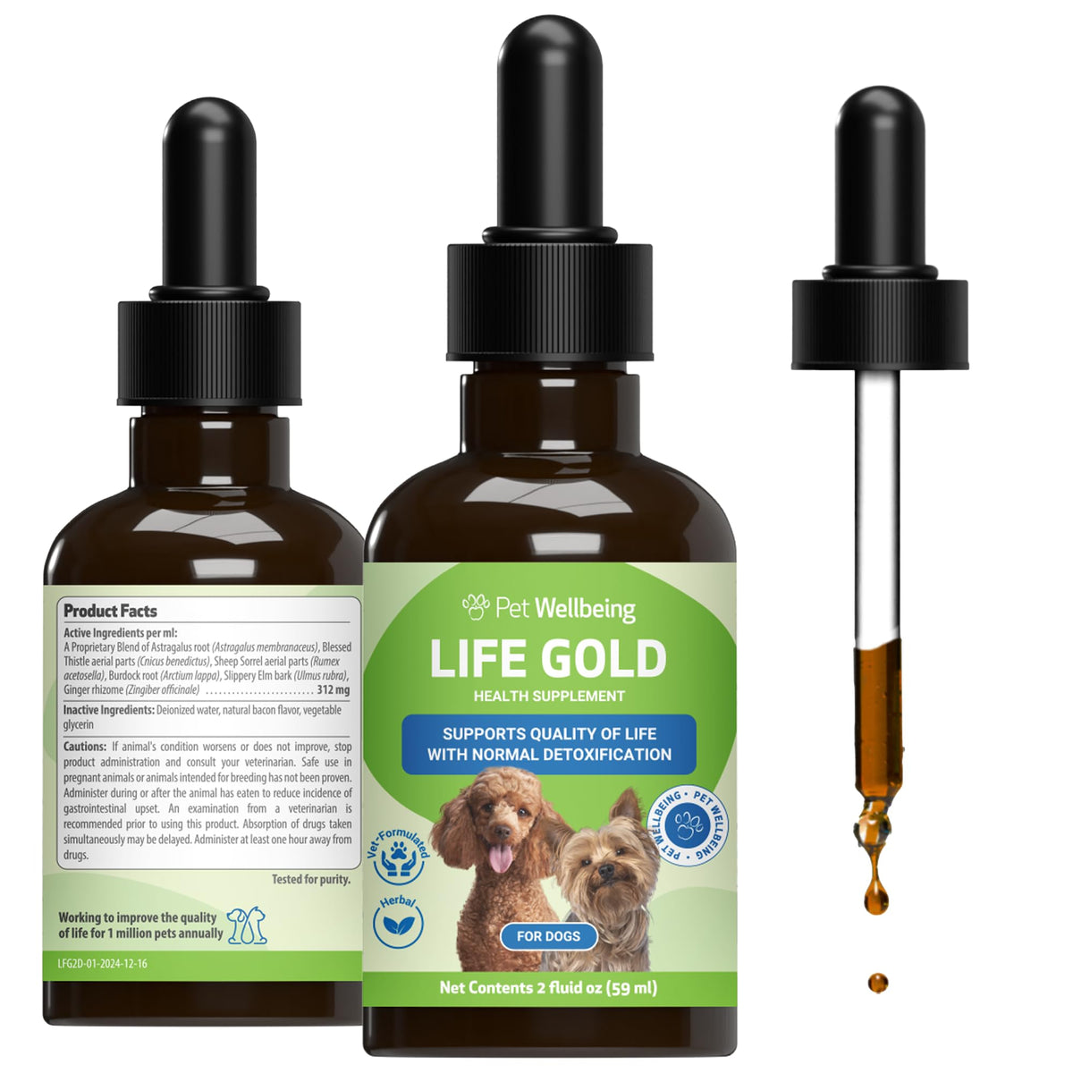 Pet Wellbeing flacon Life Gold face avant montrant l'emballage et l'usage