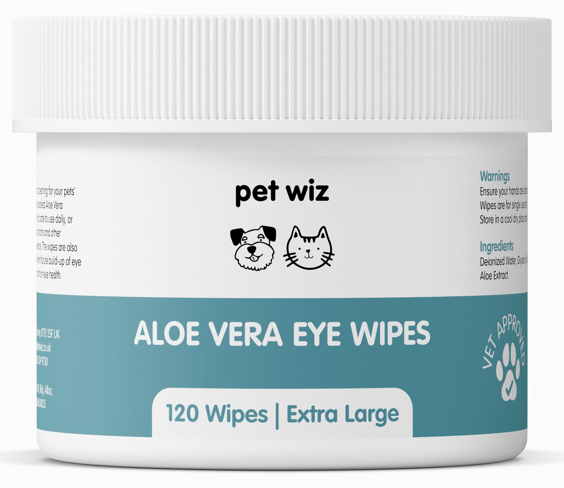 pet wiz pot de 120 lingettes extra-large prêt à l'emploi pour entretien oculaire