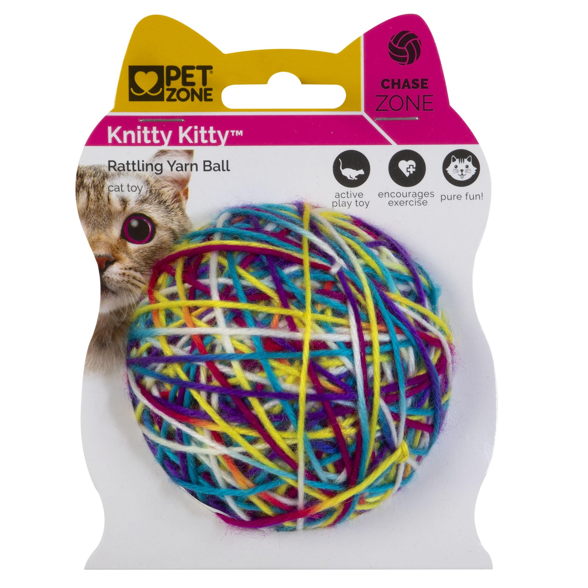 Pet Zone balle en laine face avant montrant couleurs vives et attrait visuel