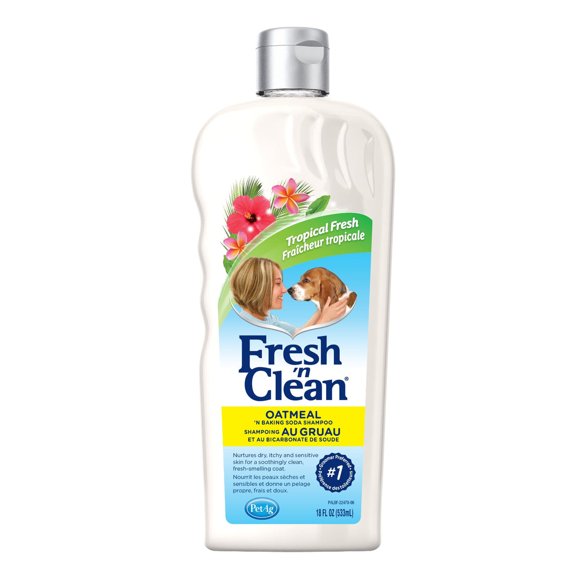 PetAg bouteille face 18 oz montrant emballage et parfum Tropical Fresh pour propreté