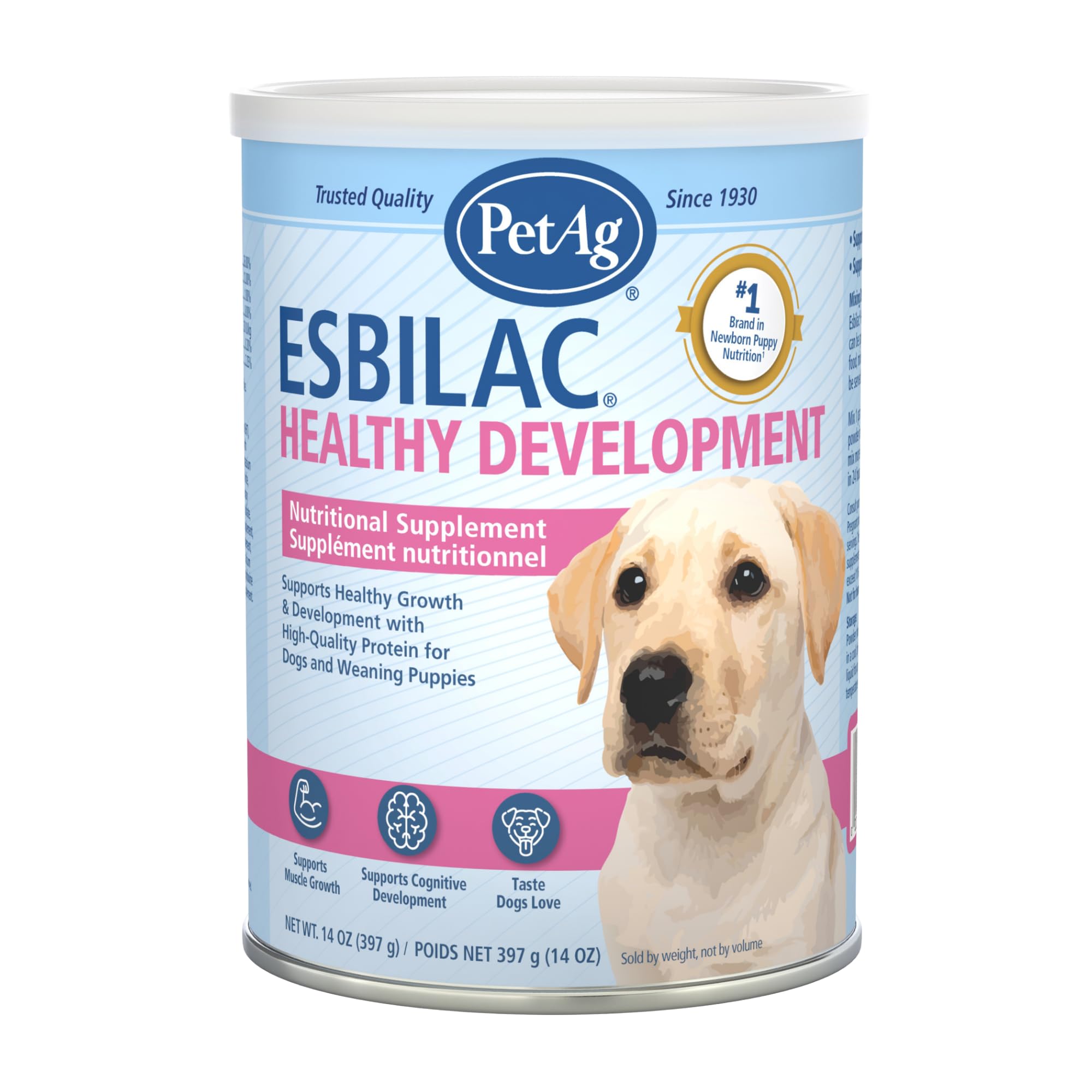 PetAg Esbilac boîte 397 g montrant l'emballage et avantages nutritionnels